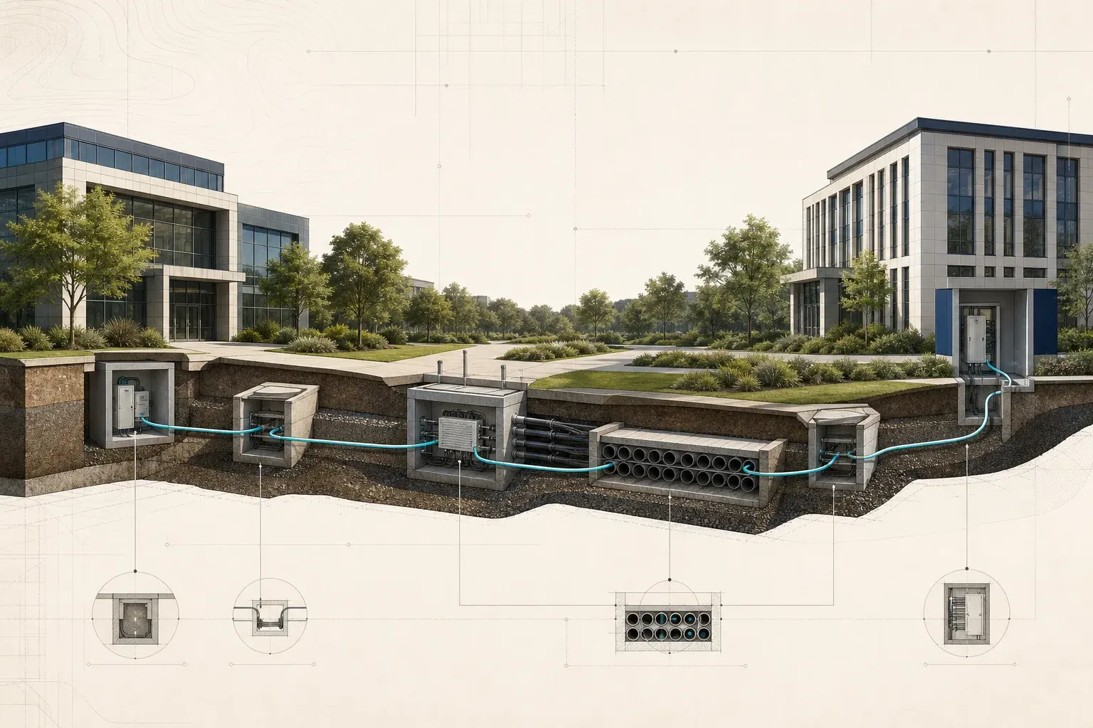 Illustrative campus cutaway showing an underground outside-plant fiber route between two buildings